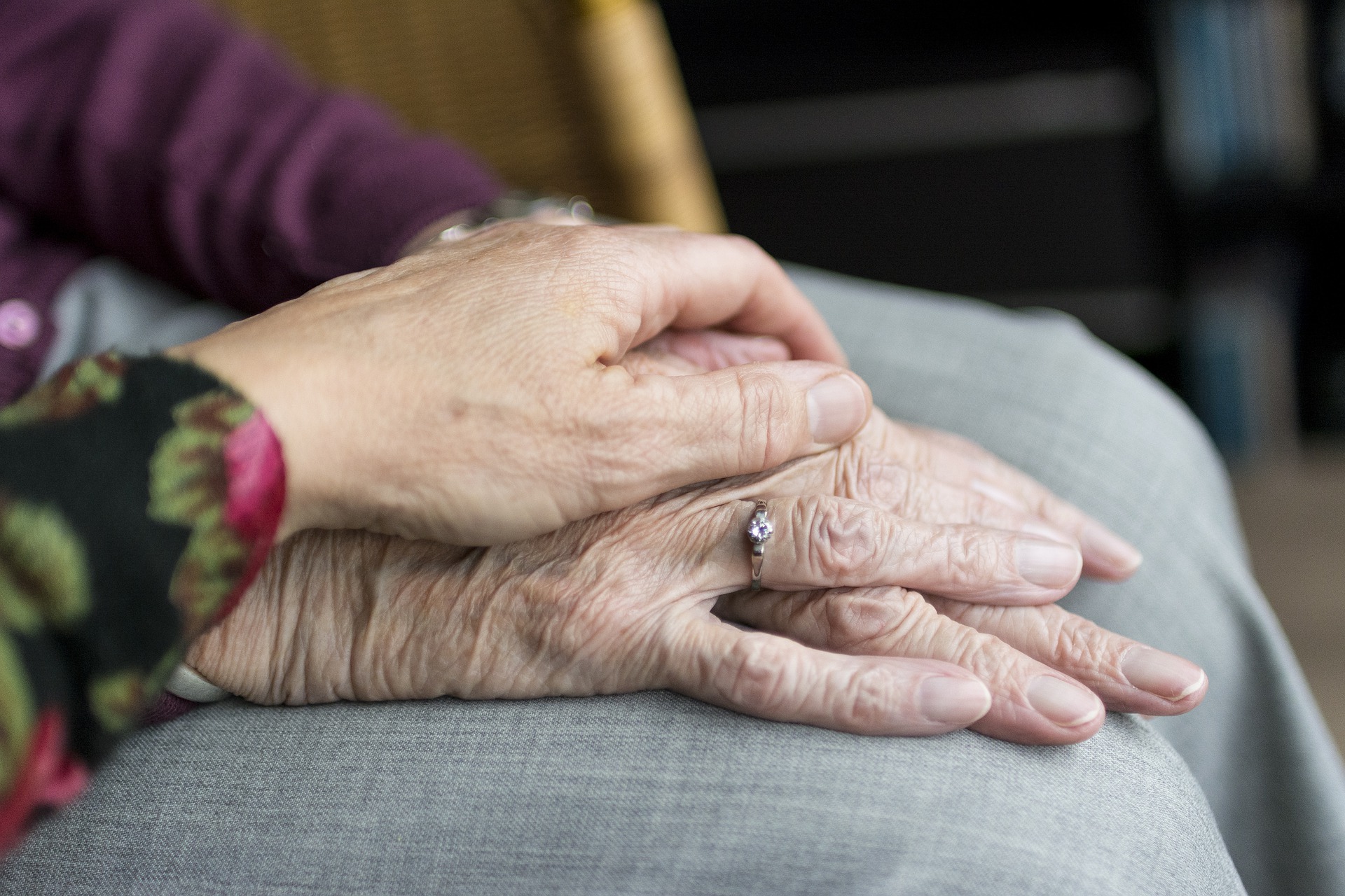 caretaker holding elderly woman's hand 