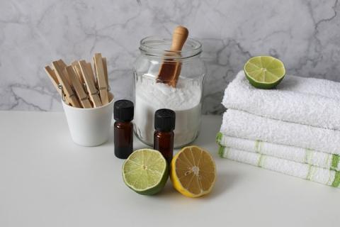 limes, baking soda, towels, clothes pins