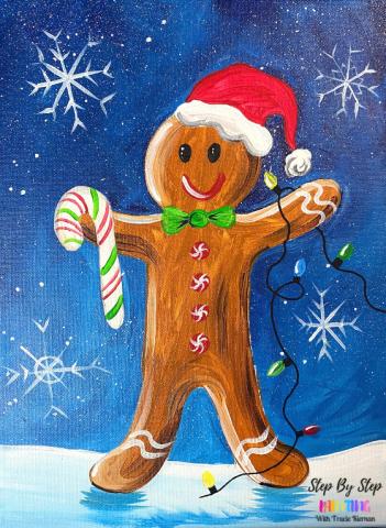 Painting of gingerbread man holding candy cane in the snow