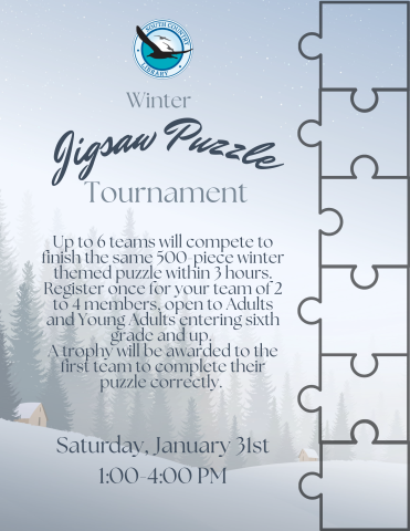 Gray words and puzzle pieces over a winter scene