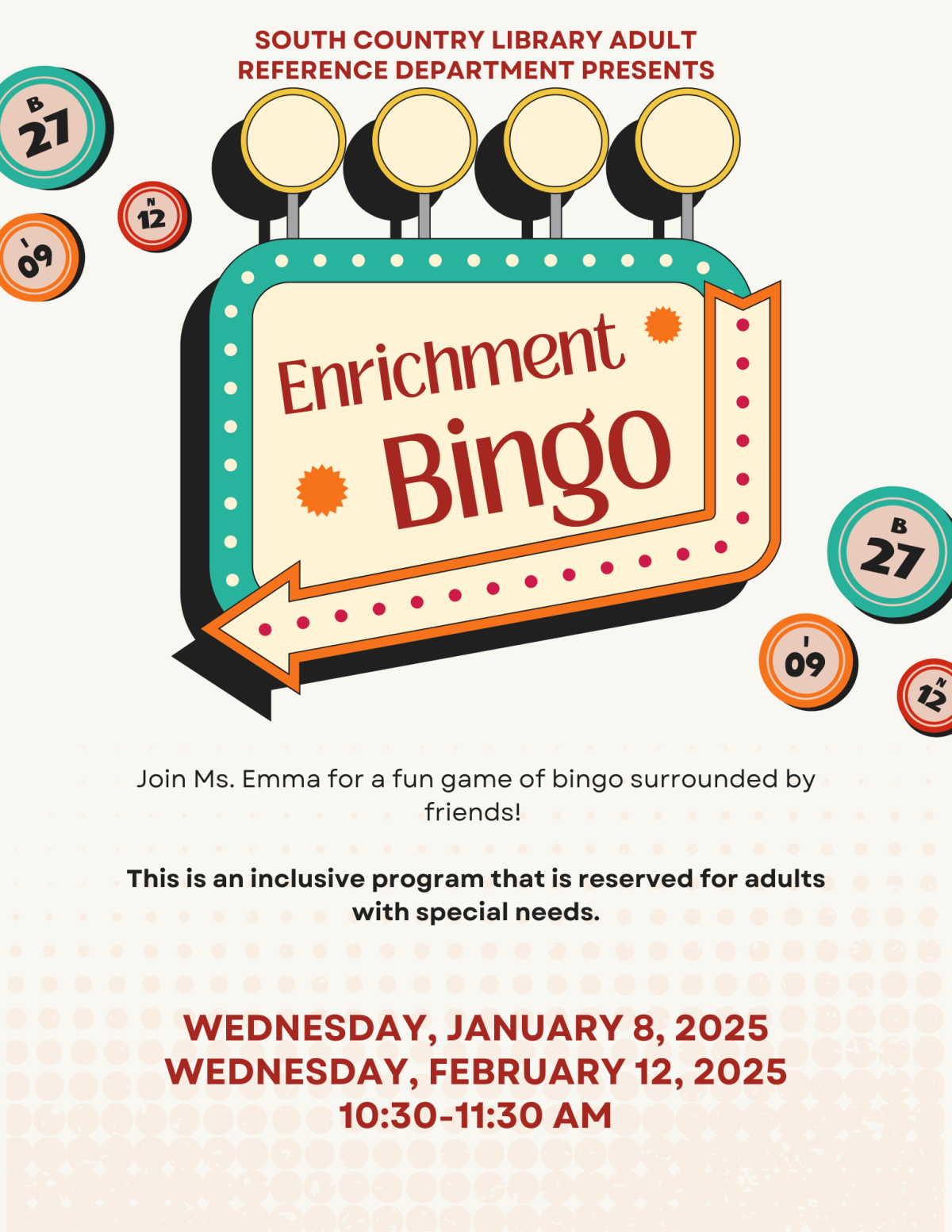 Enrichment Bingo Poster with Program Info