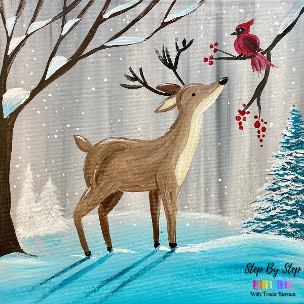 Sample Painting of reindeer and cardinal on branch in the snow